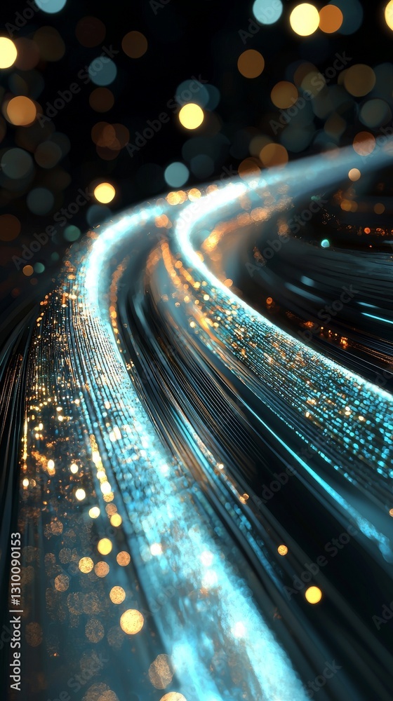 Poster The background of a quantum computing system is an abstract representation of technology, including a cyber network grid, connected particles, artificial neurons, and global data connections