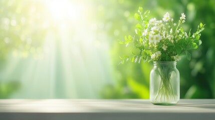Fresh wildflowers in a glass jar on a wooden table in a sunlit garden setting during daytime