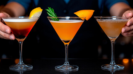 Three exquisitely crafted cocktails presented with unique garnishes. The vibrant colors and stylish presentation highlight the art of mixology.