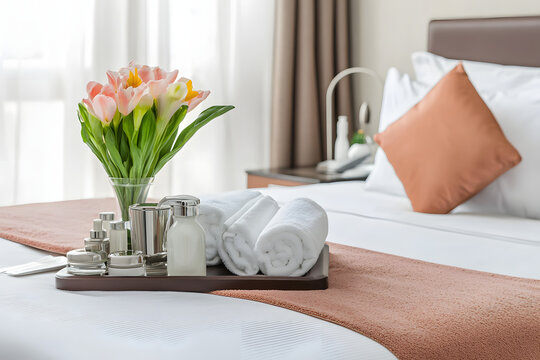 hotel bedroom elegance, meticulously arranged welcome amenities, subtle luxury details