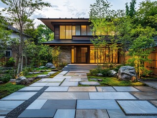 Fototapeta premium A modern house with a beautiful garden and pathway