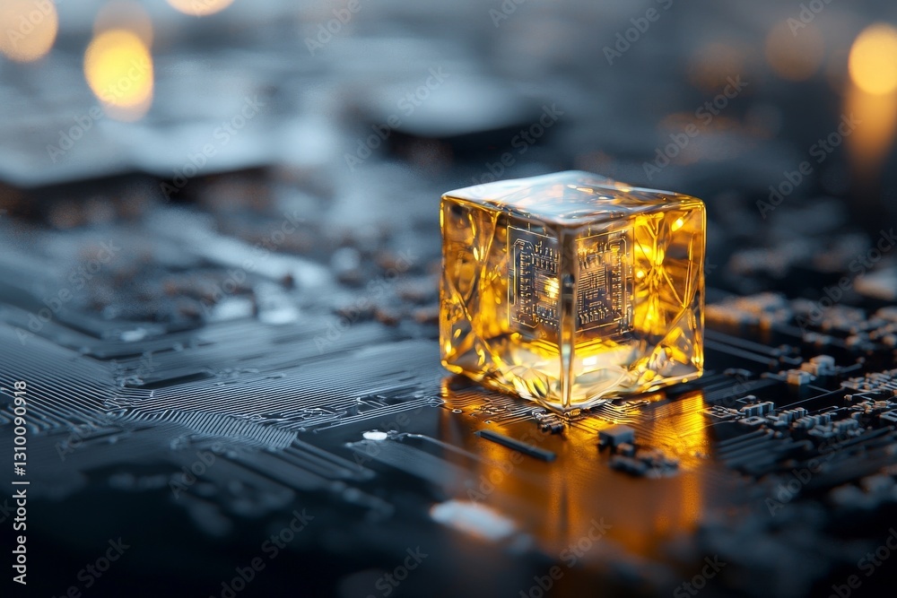 Poster a data storage cube is situated between neon pathways, symbolizing quantum computing, database, and 