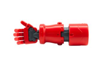 Red robotic hand and arm toy with articulated fingers and joints designed for children’s creativity and imagination playtime exploration