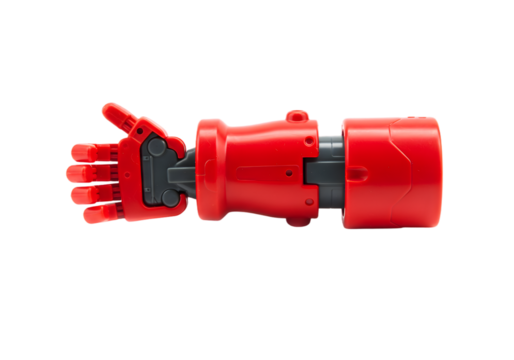 Red robotic hand and arm toy with articulated fingers and joints designed for children’s creativity and imagination playtime exploration - Powered by Adobe