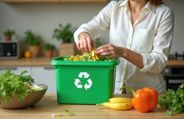 Woman preparing vegetable meal for cooking. Organic kitchen waste. Female composting leftovers in garbage bin with recycle sign in home interior. Healthy eating. Zero waste lifestyle.