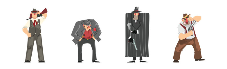 Man Bandit and Gangster Character with Gun Vector Set