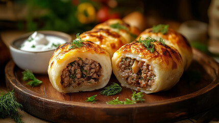 kolduny, traditional Belarusian stuffed dumplings and with a golden-brown seared exterior, cut open to reveal a juicy minced meat filling, garnished with fresh dill and a side of sour cream