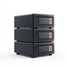Obraz premium Stacked black external hard drives with red indicator lights on white background