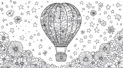 Obraz premium Decorative hot air balloon among flowers and stars. Coloring page. Possible use coloring book illustration