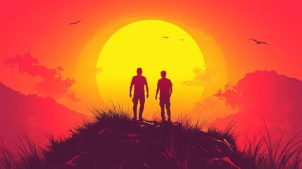 Sunset Summit: Two Silhouettes Gazing at the Setting Sun, Embracing Adventure and Companionship