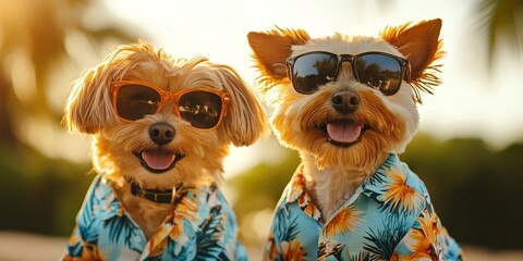 Fototapeta premium Two Dogs in Sunglasses and Hawaiian Shirts for Summer Fun