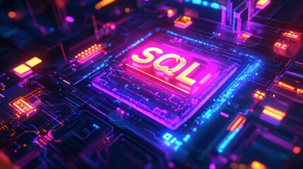 Fototapeta premium SQL database code neon glow on circuit board.
