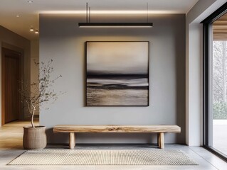 A modern entryway showcases minimalist art and comfortable furniture design