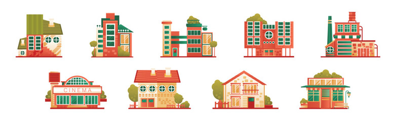 City Street House Exterior and Front View with Roof Vector Set