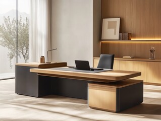 An elegant modern office desk with a comfortable office chair