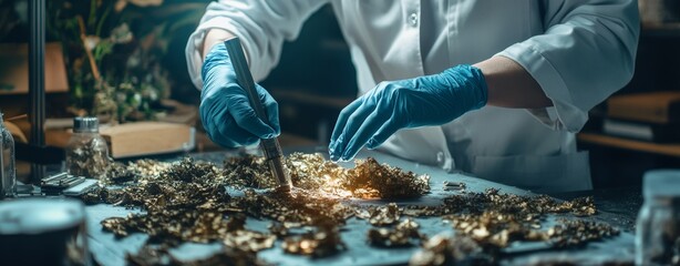 By using a precise laser tool, a technician in a laboratory inspects and works on metallic components, concentrating on recycling, upcycling, and renewal principles