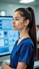 Fototapeta premium Healthcare Professional Woman in Scrubs Analyzing Data on Computer Screen