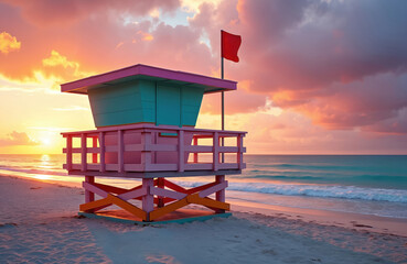 Lifeguard tower on Miami beach at sunset. Pink, blue painted wooden hut and red flag. Beautiful sky reflecting sunlight. Protect swimmers on vacation at tropical coastline.