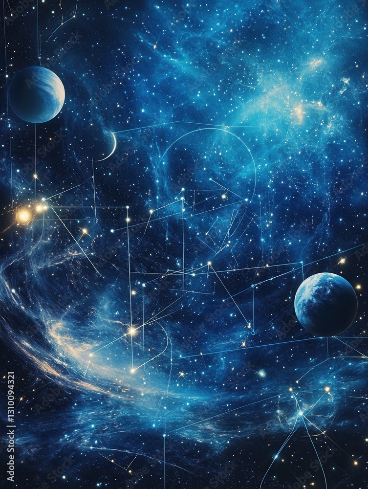 Poster dreamy cosmic landscape filled with planets and glowing symbols, featuring deep blue nebula and inte