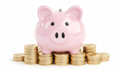 Pink Piggy Bank Surrounded by Golden Coins on White Background