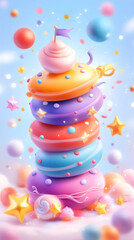Whimsical macaron tower floats on cloudscape