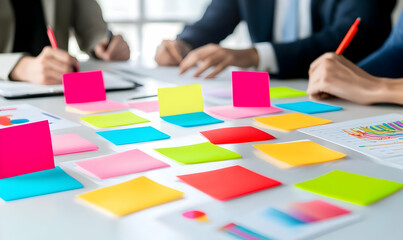 Colorful Sticky Notes on Table during Collaborative Brainstorming Session