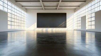 Fototapeta premium Minimalist Art Gallery: Empty Space with Large Windows and Blank Canvas - Modern Interior