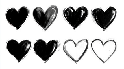 Various hand-drawn hearts in black and white showcasing different styles and textures for artistic inspiration