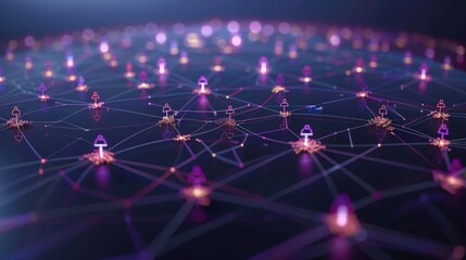 Futuristic network of interconnected people icons with glowing lines, symbolizing communication and connectivity in digital world