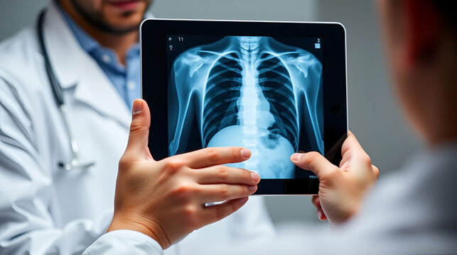 doctor observing a chest radiograph in a tablet