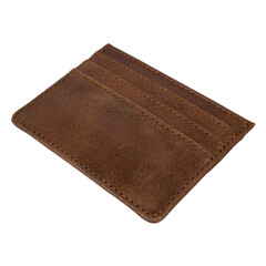 Simple small leather wallet that serves to store a few cards and a little money, isolated on white background