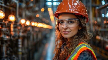 confident construction engineer in hard hat and safety glasses stands at building site, showcasing her professionalism and dedication