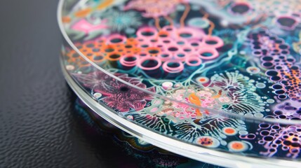 Fototapeta premium Vibrant microscopic organisms in colorful petri dish with iridescent organic patterns, medical or science background