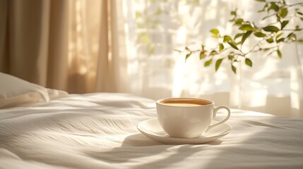 Morning coffee cup on bed by sunny window