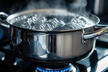 Boiling Water in Stainless Steel Pot on a Modern Kitchen Stove