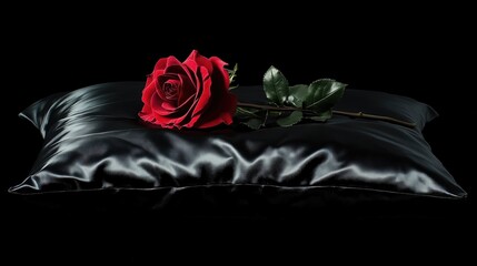 Red rose on a black silk pillow on a black background.