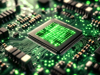 Cocktail Bartending Techniques Concept. Healthcare Cybersecurity AI Concept. Detailed Background with Glowing Elements on Green Circuit Board Microchip