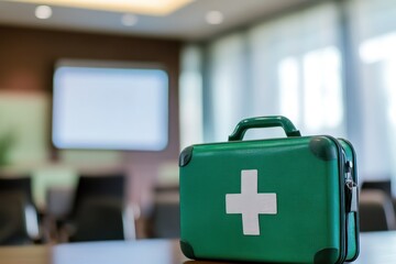 Green First Aid Kit on Table in Medical Training Room Setting