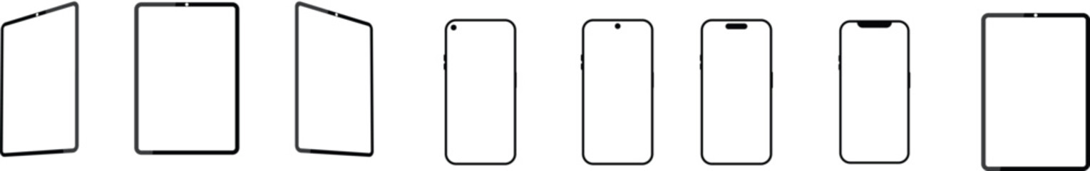 Mobile phone mock up set. Iphone 14, 13, 12 and x pro max with android smartphone on transparent background. Mobile and tab devices collection.