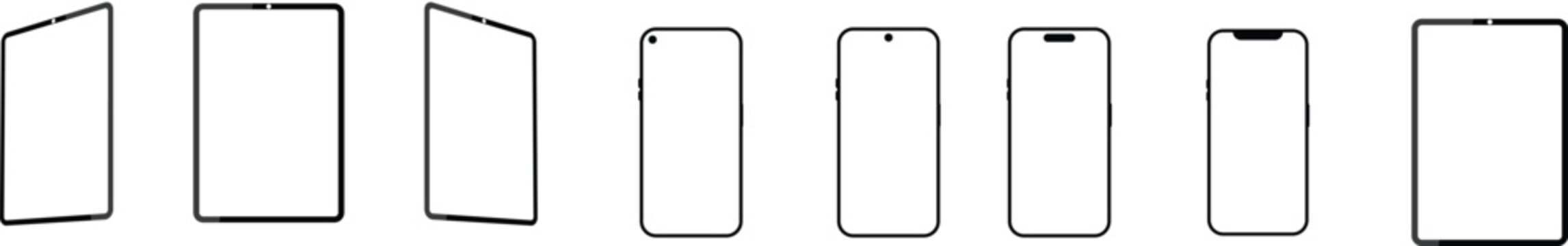 Mobile phone mock up set. Iphone 14, 13, 12 and x pro max with android smartphone on transparent background. Mobile and tab devices collection.