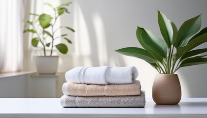 Pristine Linens and Vibrant Greenery Against a Pure White Backdrop, Bringing Tranquil Serenity and Natural Elegance to a Minimalist Setting.