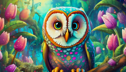 oil painting style cartoon character illustration Close up of a common barn owl