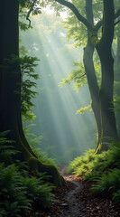 Obraz premium A serene forest path illuminated by soft sunlight filtering through tall trees, surrounded by lush green ferns and a peaceful atmosphere