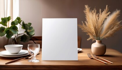 Rustic Elegance Meets Minimalism Menu Mockup Staged on a Distressed Wood Table, Complemented by Sophisticated Tableware and Subtle Decor Elements, Creating an Inviting Atmosphere for Fine Dining
