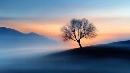 Fototapeta premium serene dusk landscape featuring solitary tree against misty backdrop. soft colors evoke sense of tranquility and calmness