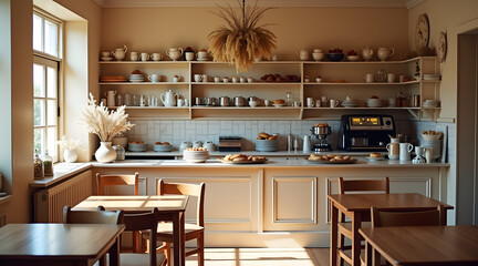 a cozy and inviting kitchen with wooden tables, bright sunlight, freshly baked goods on display, decorative plants, and a coffee machine, creating a warm atmosphere for gatherings