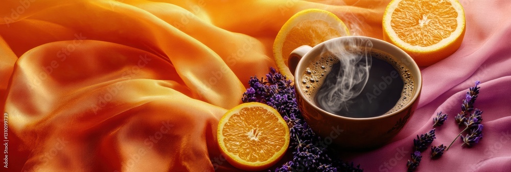 Poster Vibrant coffee steam blends with lavender fields and citrus slices in an abstract sensory experience Generative AI