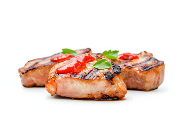 grilled pork chops, caramelized surface, glossy ketchup accent, minimalist white backdrop