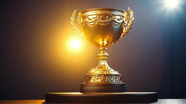 Gold trophy on dark stage, award ceremony