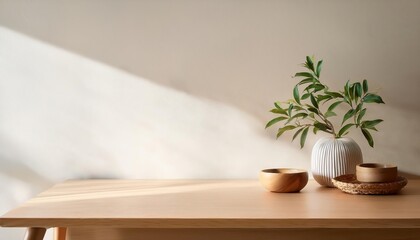 Minimalist Mockup Space on Wooden Tabletop Showcasing Minimalist Design Elements in a Serene Ambiance with Hints of Natural Warmth and Elegance